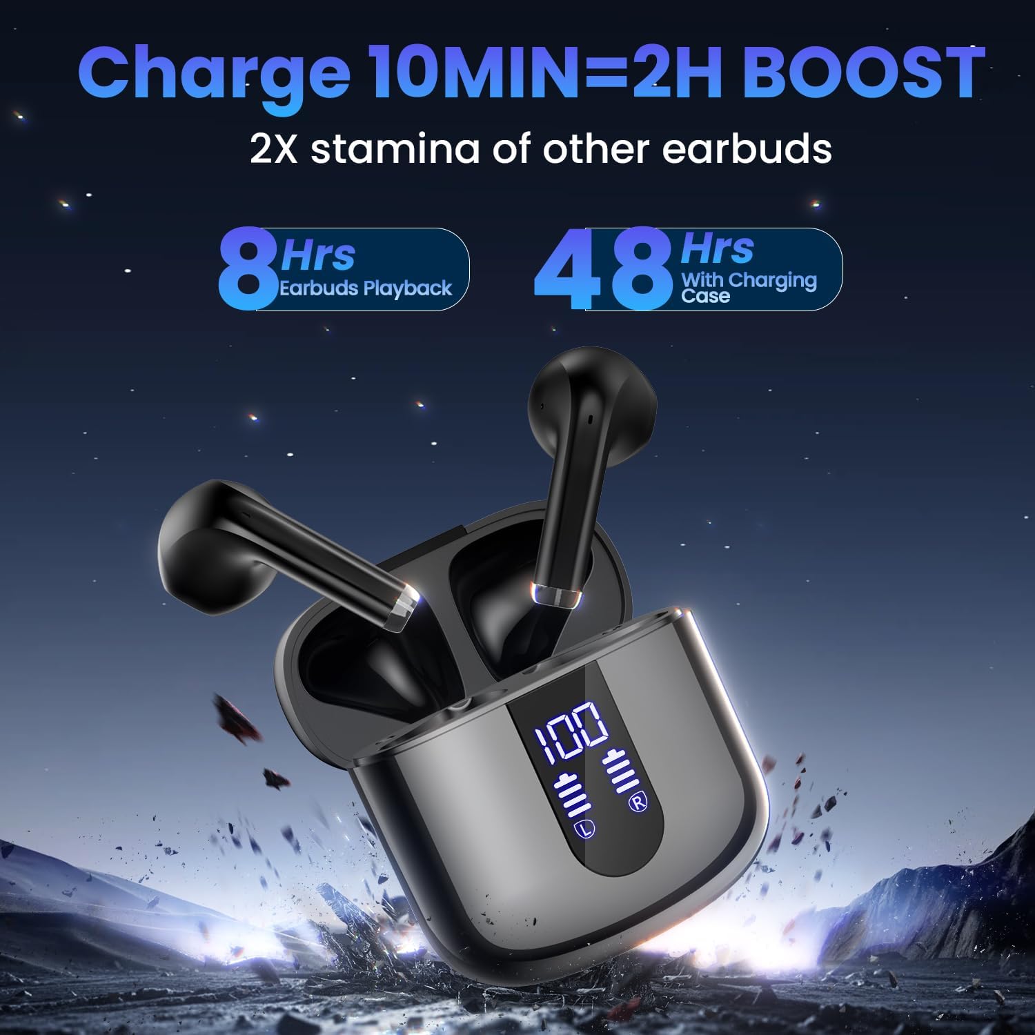 Wireless Earbuds, Bluetooth Headphones with Deep Bass Stereo, 48H Playback Ear Buds with LED Power Display, Lightweight, IPX7, in-Ear Earphones with Mic for iPhone/Android/iPad, Black - Image 4