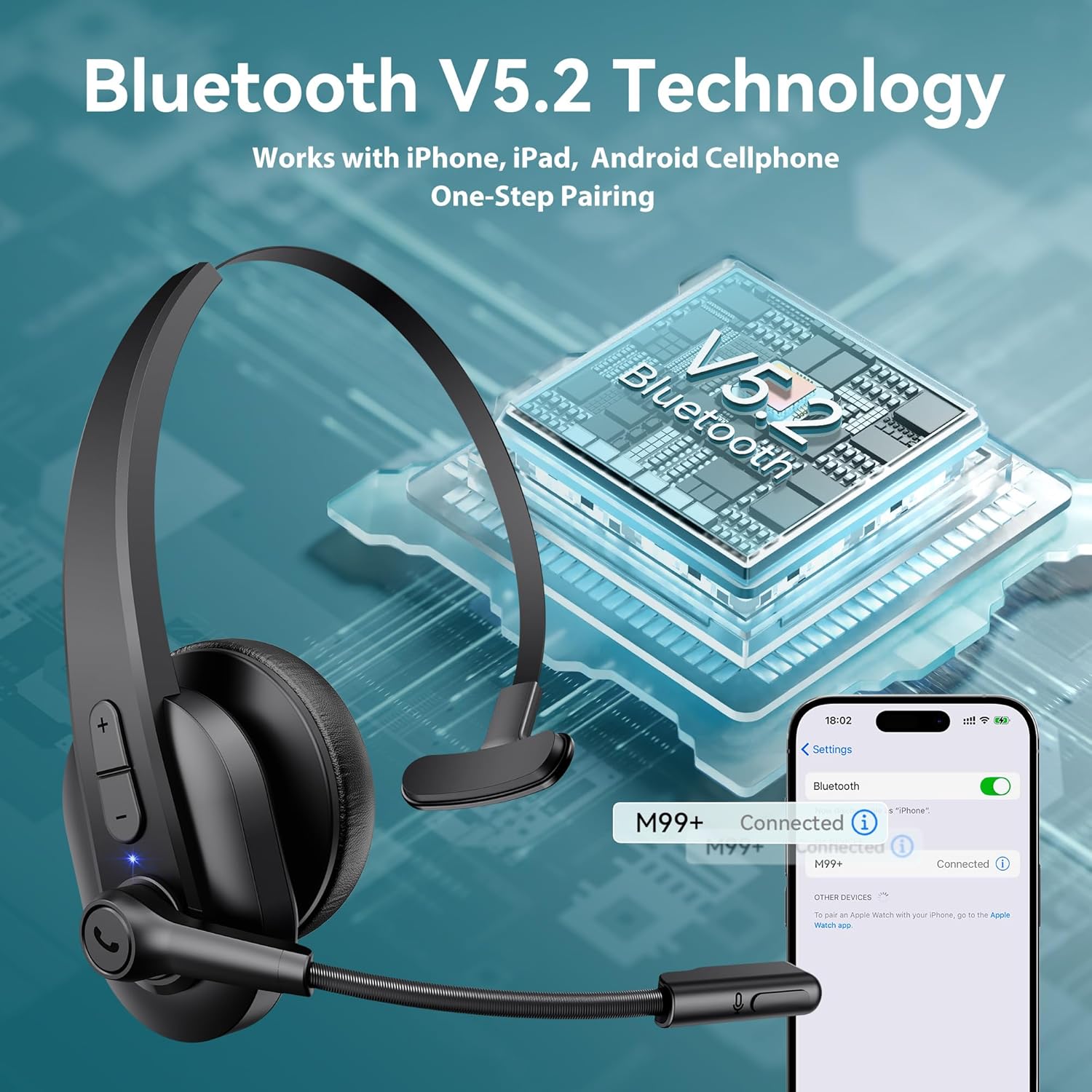 Bluetooth Headset with USB Dongle for Computer, Single-Ear Wireless Headset with Noise Cancelling Microphone for Office & Truckers, Bluetooth V5.2 with Mute Button for Work - Image 7