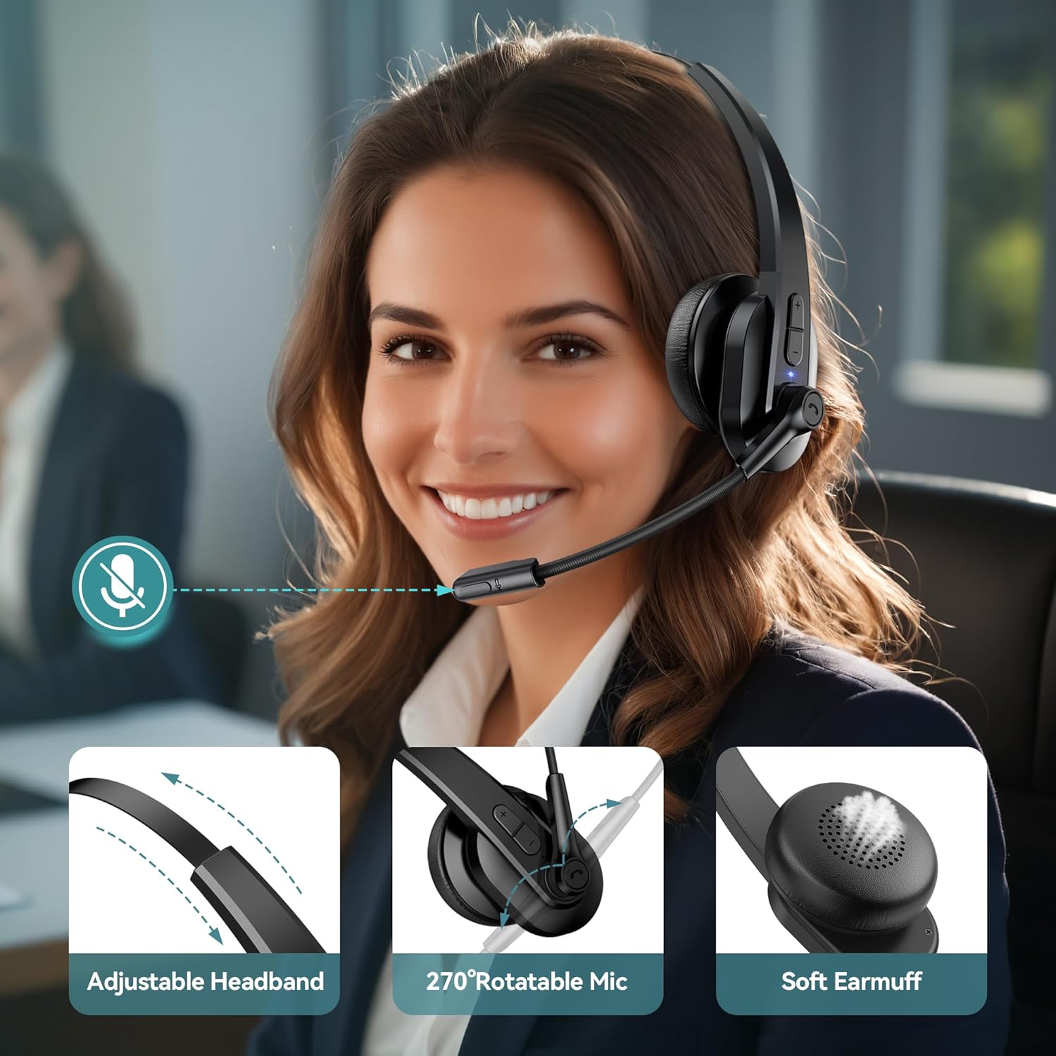 Bluetooth Headset with USB Dongle for Computer, Single-Ear Wireless Headset with Noise Cancelling Microphone for Office & Truckers, Bluetooth V5.2 with Mute Button for Work - Image 8