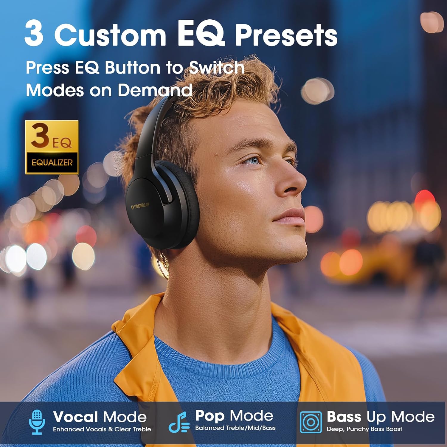 F1 Bluetooth Headphones Over Ear, 80H Playtime Bluetooth 5.4 Wireless Headphones with Deep Bass, 3 EQ Sound Modes, ENC Mic, Foldable & Comfortable for Travel, PC, Phone, Gym, Gift, Black - Image 4