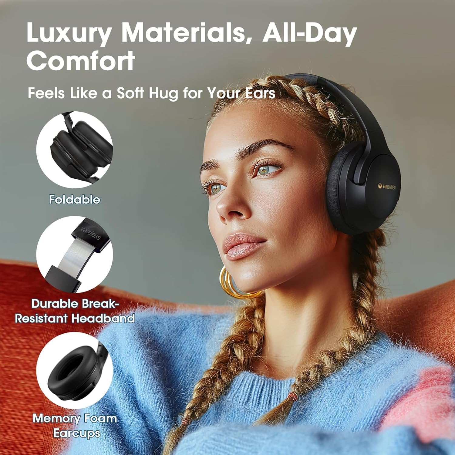 F1 Bluetooth Headphones Over Ear, 80H Playtime Bluetooth 5.4 Wireless Headphones with Deep Bass, 3 EQ Sound Modes, ENC Mic, Foldable & Comfortable for Travel, PC, Phone, Gym, Gift, Black - Image 6