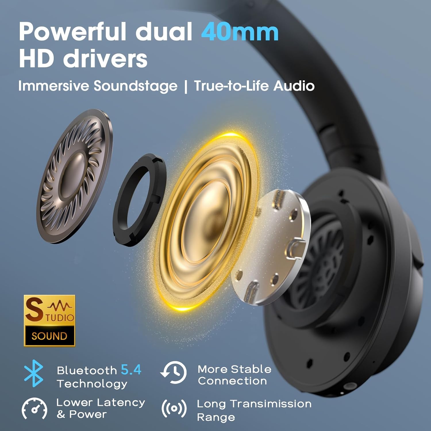 F1 Bluetooth Headphones Over Ear, 80H Playtime Bluetooth 5.4 Wireless Headphones with Deep Bass, 3 EQ Sound Modes, ENC Mic, Foldable & Comfortable for Travel, PC, Phone, Gym, Gift, Black - Image 7