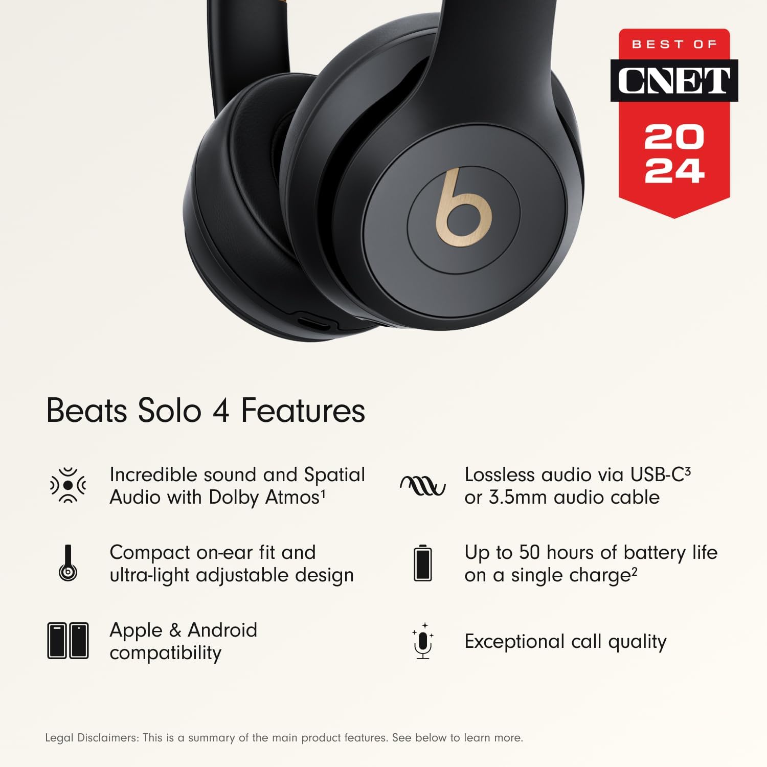 Beats Solo 4 - Wireless On-Ear Bluetooth Headphones, Up to 50-Hour Battery Life, Ultra-Lightweight Comfort, Powerful and Balanced Sound, Apple & Android Compatible - Black & Gold - Image 3