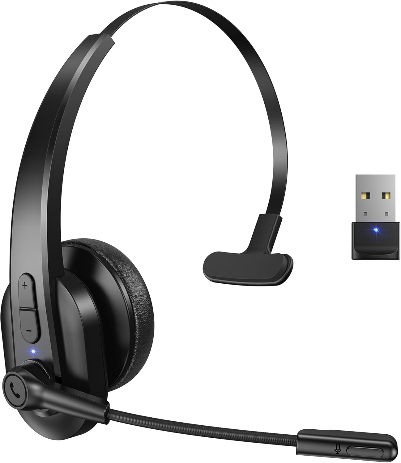 Bluetooth Headset with USB Dongle for Computer, Single-Ear Wireless Headset with Noise Cancelling Microphone for Office & Truckers, Bluetooth V5.2 with Mute Button for Work - Image 2