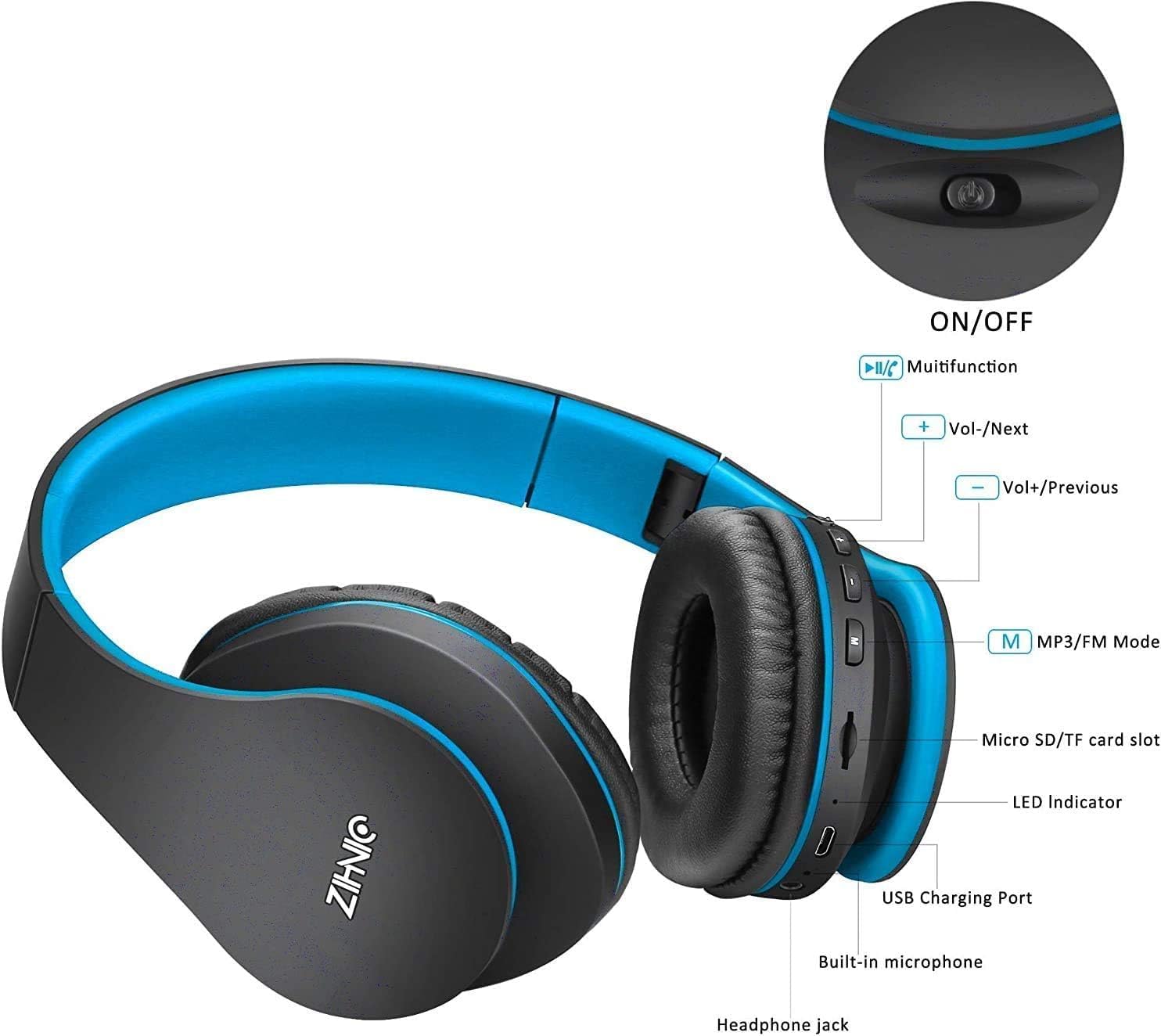 ZIHNIC Bluetooth Headphones Over-Ear, Foldable Wireless and Wired Stereo Headset Micro SD/TF, FM for Cell Phone,PC,Soft Earmuffs &Light Weight for Prolonged Wearing (Black/Blue) - Image 5
