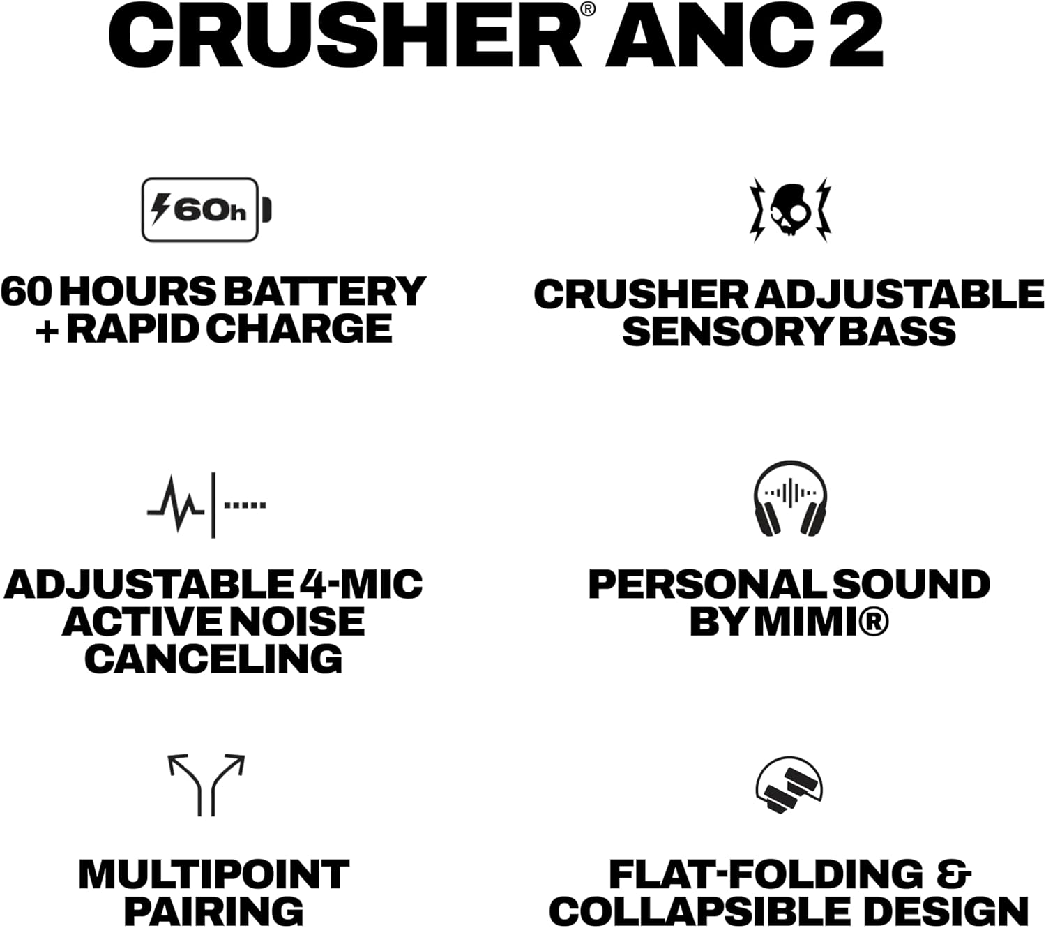 Skullcandy Crusher ANC 2 Wireless Over-Ear Bluetooth Headphones with Multi-Sensory Bass, Active Noise Cancelling, Up to 60 Hours Battery, Microphone for iPhone Android - Black/Asphalt - Image 11