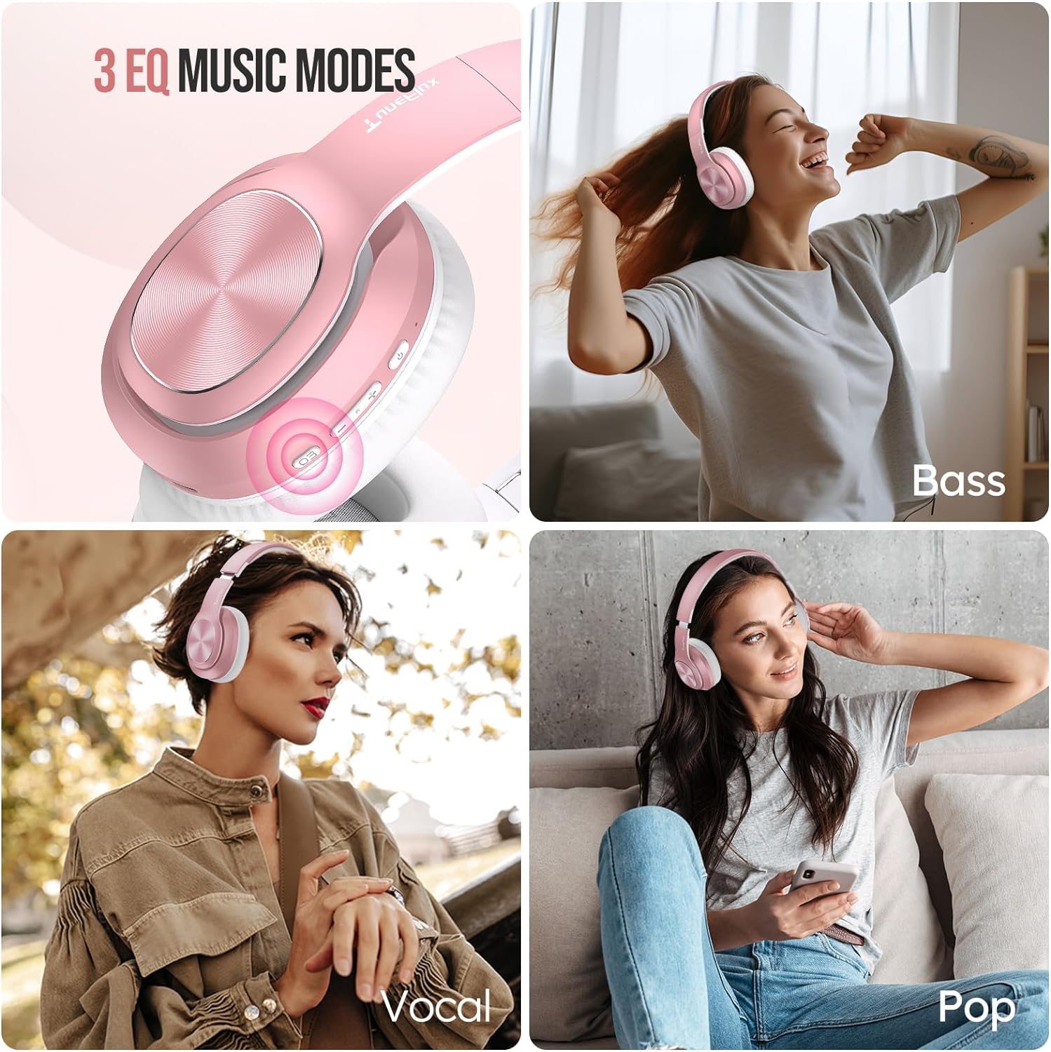 TuneFlux Wireless Bluetooth Headphones Over Ear, 80H Playtime, 3EQ Sound Modes, HiFi Stereo Headphones with Deep Bass, Foldable Bluetooth 5.3 Headsets for Smartphone/PC/Computer-Rose Gold - Image 5