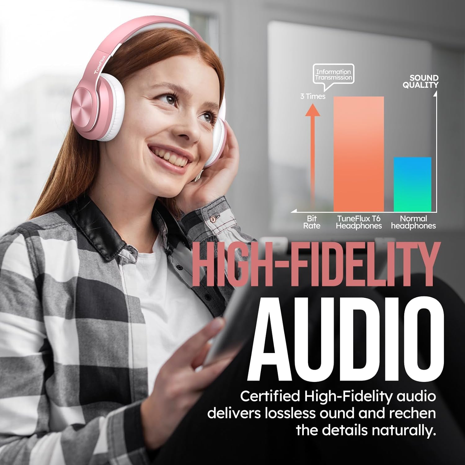 TuneFlux Wireless Bluetooth Headphones Over Ear, 80H Playtime, 3EQ Sound Modes, HiFi Stereo Headphones with Deep Bass, Foldable Bluetooth 5.3 Headsets for Smartphone/PC/Computer-Rose Gold - Image 6