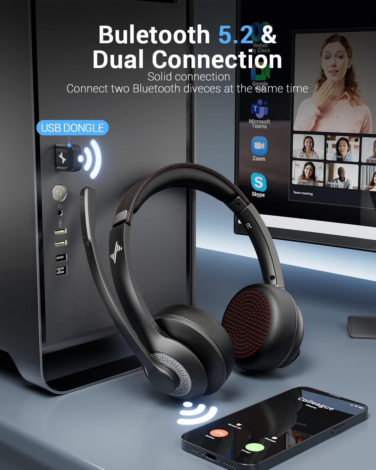 Wireless Headset with Mic for Work, Bluetooth V5.2 Headphones with AI Noise Cancelling Microphone, USB Dongle, Clear Calls & Mic Mute, for Laptop, PC, iPhone & Android Phones - Image 3