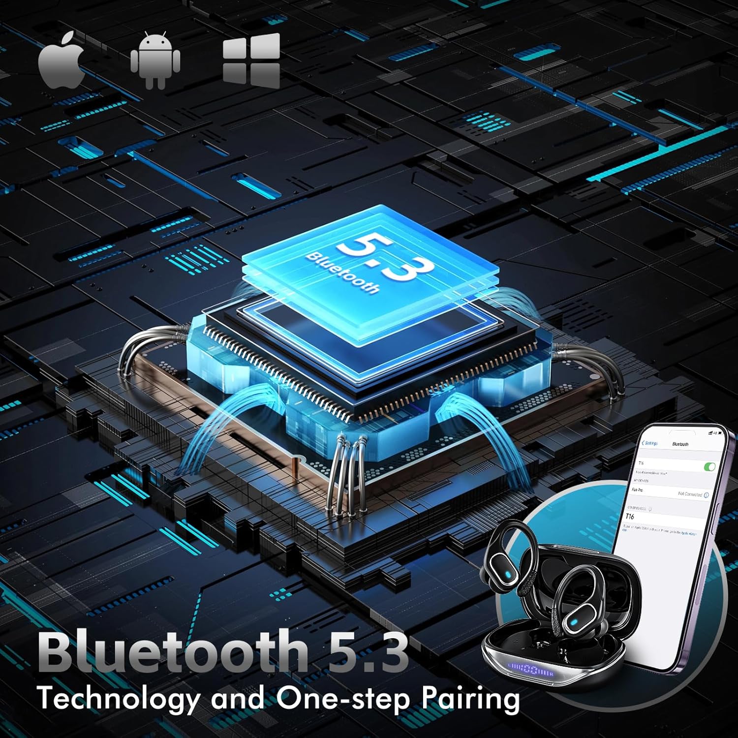 Wireless Earbuds Bluetooth 5.3 Headphones with 80H Playback, IPX7 Waterproof Over Ear Buds with LED Power Display for Sports Running Workouts - Image 4