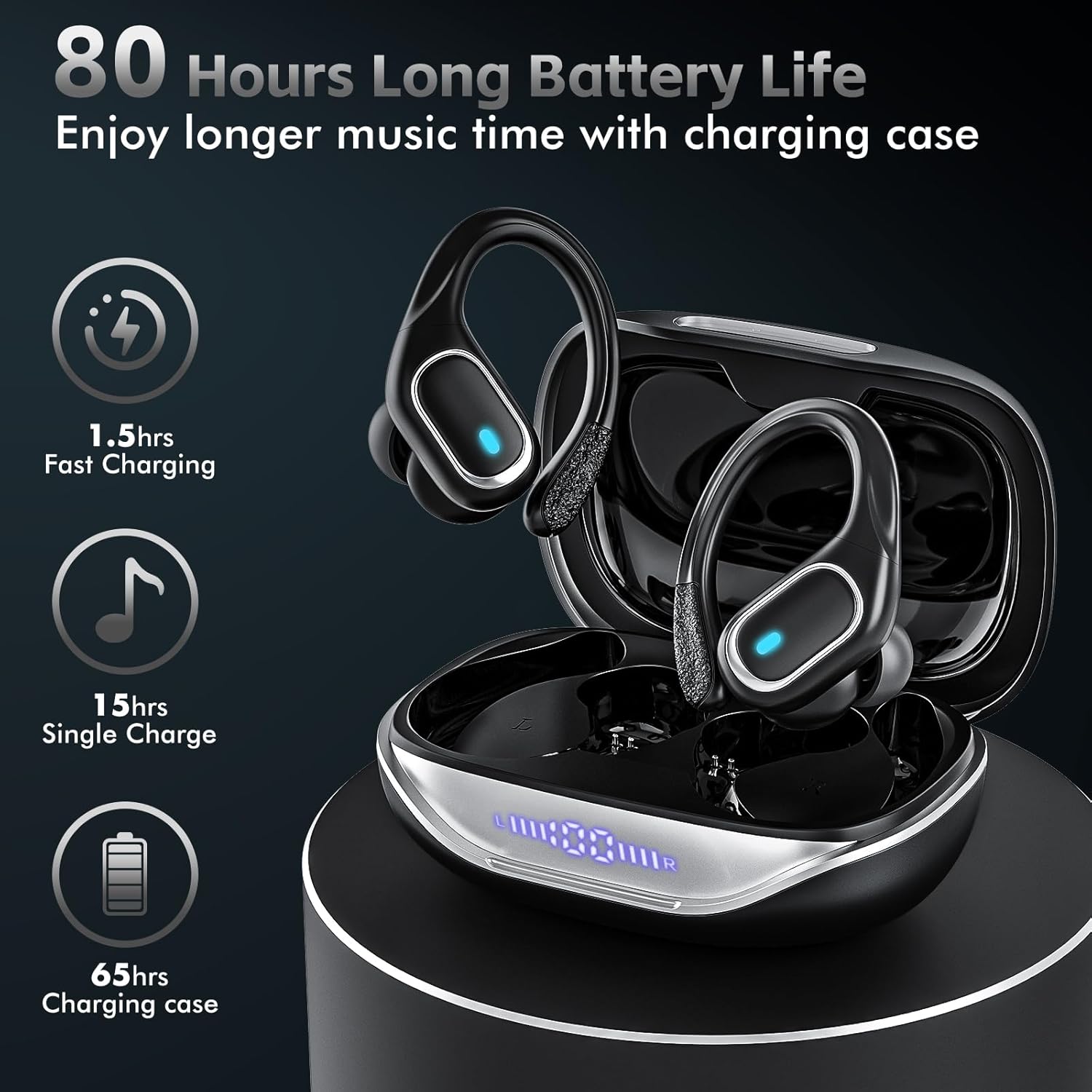 Wireless Earbuds Bluetooth 5.3 Headphones with 80H Playback, IPX7 Waterproof Over Ear Buds with LED Power Display for Sports Running Workouts - Image 5