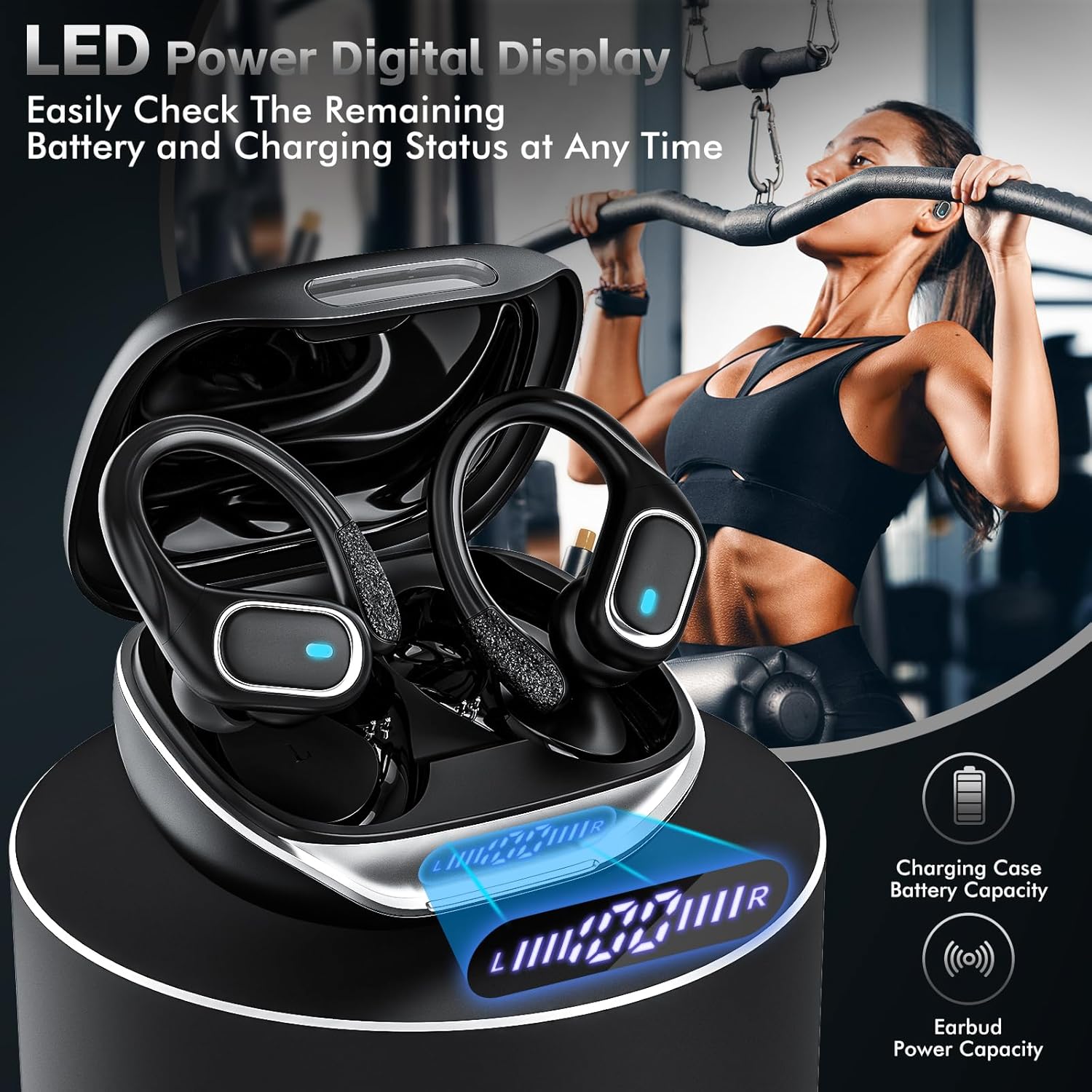 Wireless Earbuds Bluetooth 5.3 Headphones with 80H Playback, IPX7 Waterproof Over Ear Buds with LED Power Display for Sports Running Workouts - Image 8