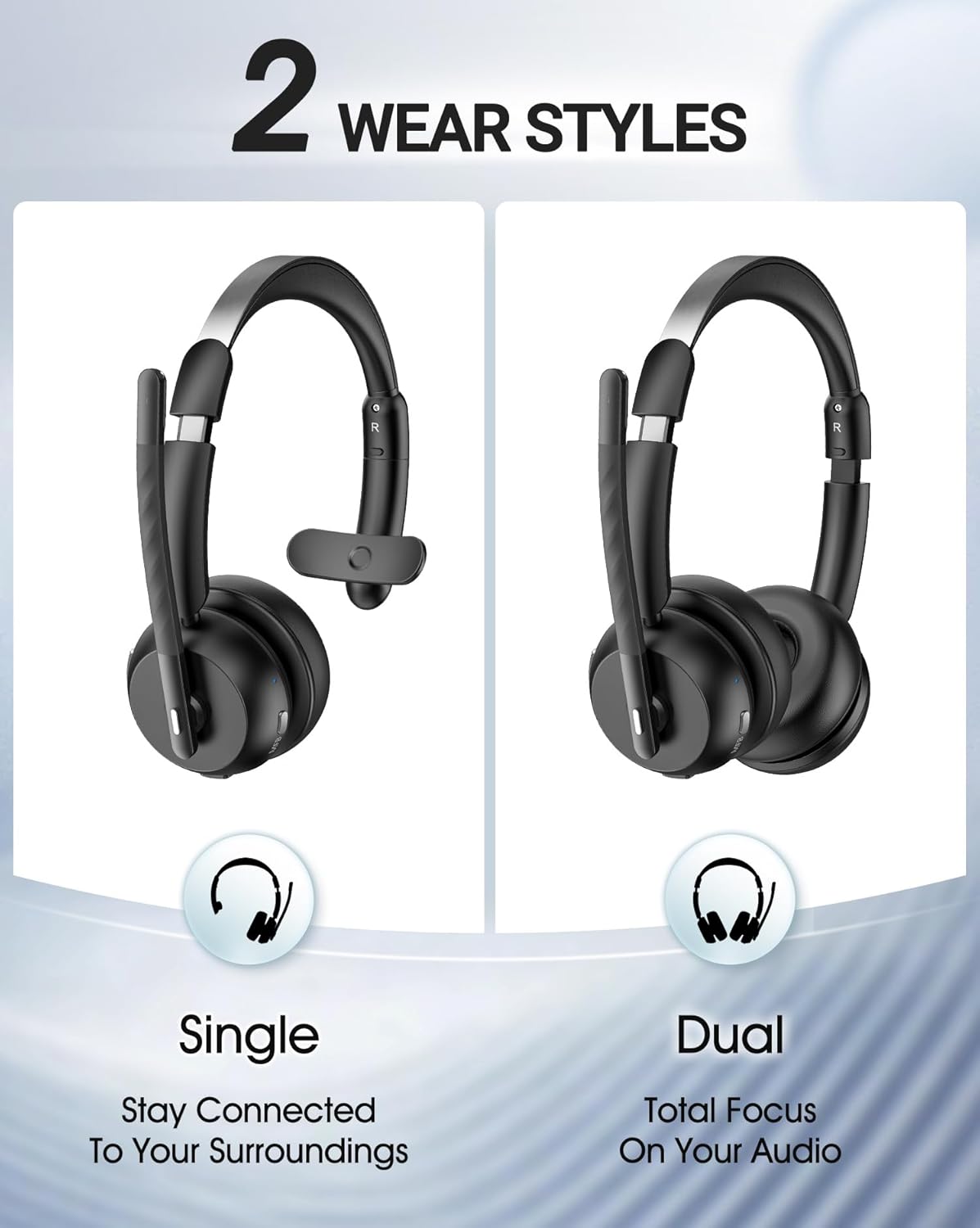 Wireless Headset with Mic for Work, Bluetooth 5.3 Headsets with Microphone and Detachable Earpads, 50H Playtime with Charging Base, Noise Cancelling Headphones for Work with Mic Mute - Image 3