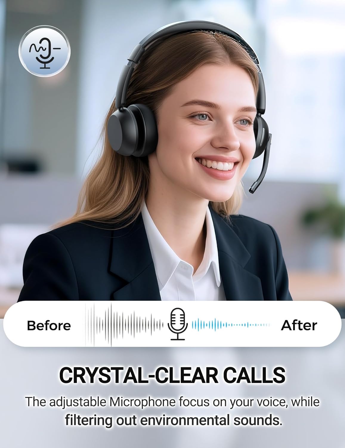 Wireless Headset with Mic for Work, Bluetooth 5.3 Headsets with Microphone and Detachable Earpads, 50H Playtime with Charging Base, Noise Cancelling Headphones for Work with Mic Mute - Image 4