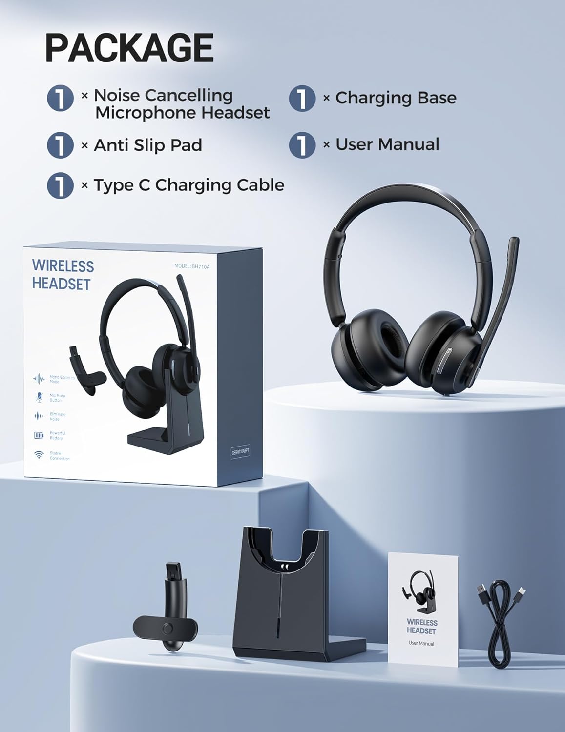Wireless Headset with Mic for Work, Bluetooth 5.3 Headsets with Microphone and Detachable Earpads, 50H Playtime with Charging Base, Noise Cancelling Headphones for Work with Mic Mute - Image 8
