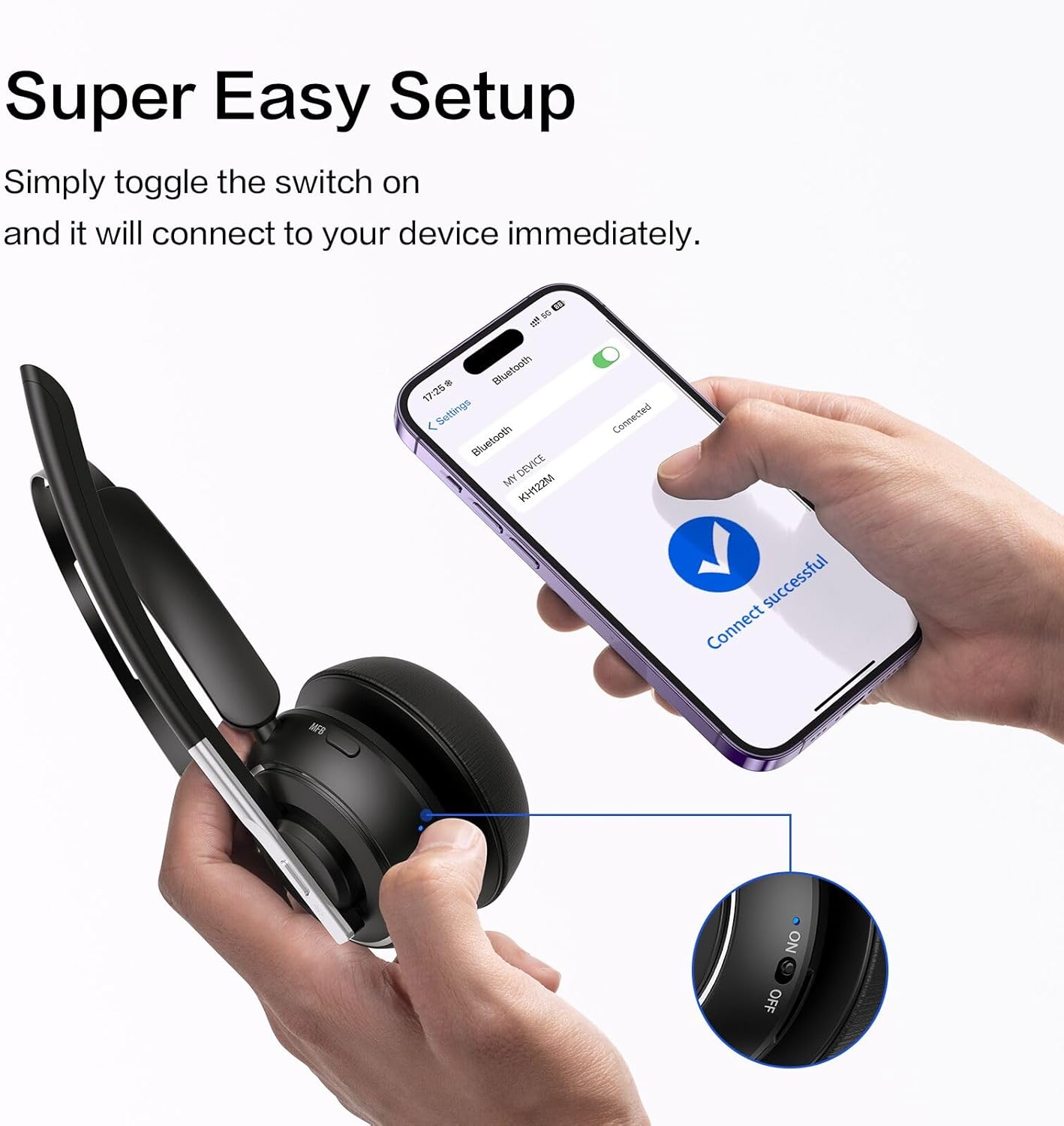 Bluetooth Headset, Wireless Headset with Microphone for PC, V5.2 Computer Headset with Noise Cancelling Mic, USB Dongle, Charging Base & Mute Button for Work, Cell Phones, Computer (Black) - Image 3