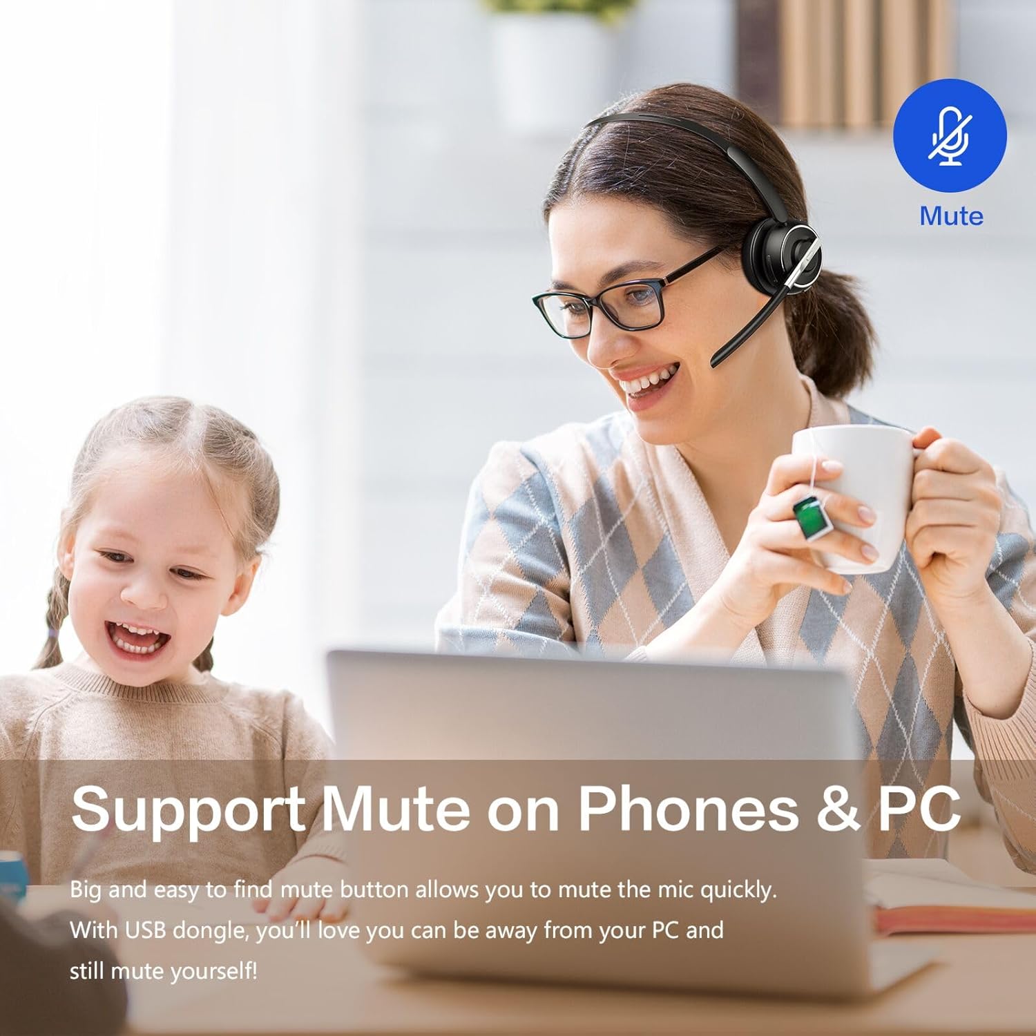 Bluetooth Headset, Wireless Headset with Microphone for PC, V5.2 Computer Headset with Noise Cancelling Mic, USB Dongle, Charging Base & Mute Button for Work, Cell Phones, Computer (Black) - Image 5