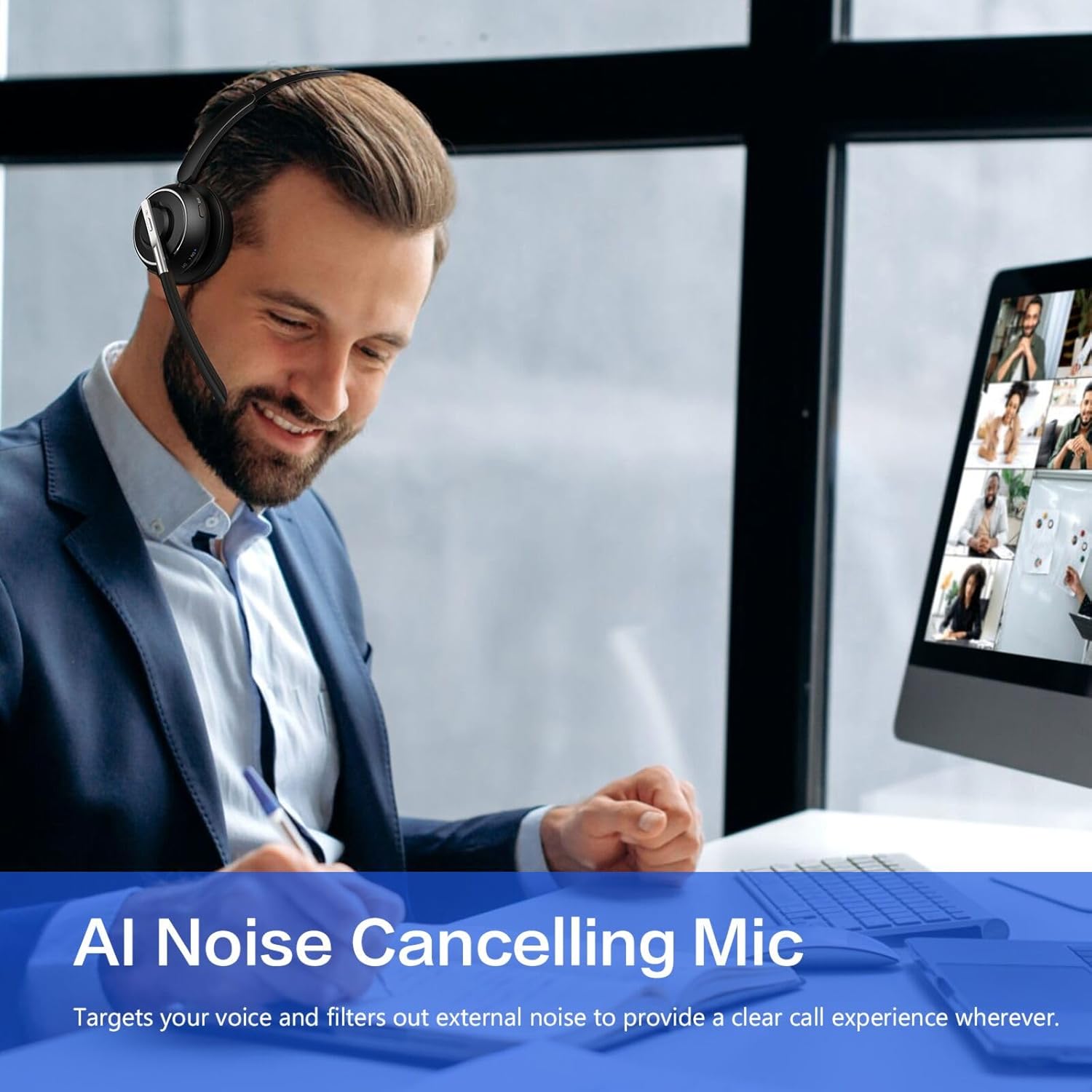 Bluetooth Headset, Wireless Headset with Microphone for PC, V5.2 Computer Headset with Noise Cancelling Mic, USB Dongle, Charging Base & Mute Button for Work, Cell Phones, Computer (Black) - Image 6