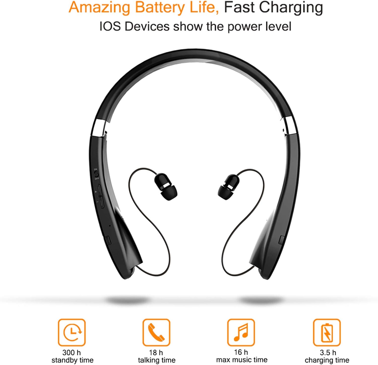 Foldable Bluetooth Headset, Beartwo Lightweight Retractable Bluetooth Headphones for Sports&Exercise, Noise Cancelling Stereo Neckband Wireless Headset (with carry case) - Image 4