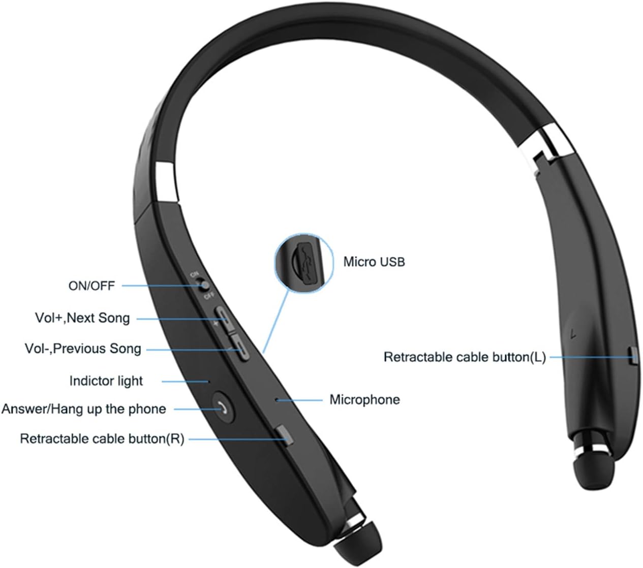 Foldable Bluetooth Headset, Beartwo Lightweight Retractable Bluetooth Headphones for Sports&Exercise, Noise Cancelling Stereo Neckband Wireless Headset (with carry case) - Image 6