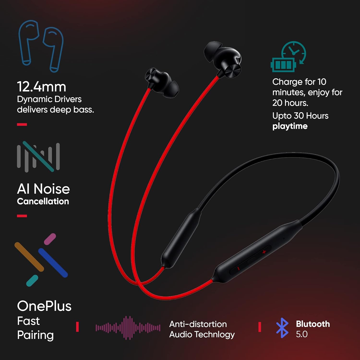 OnePlus Bullets Wireless Z2 Bluetooth 5.0 in Ear Earphones, Bombastic Bass – 12.4 mm Drivers, 30 Hrs Battery Life (Acoustic Red) - Image 4