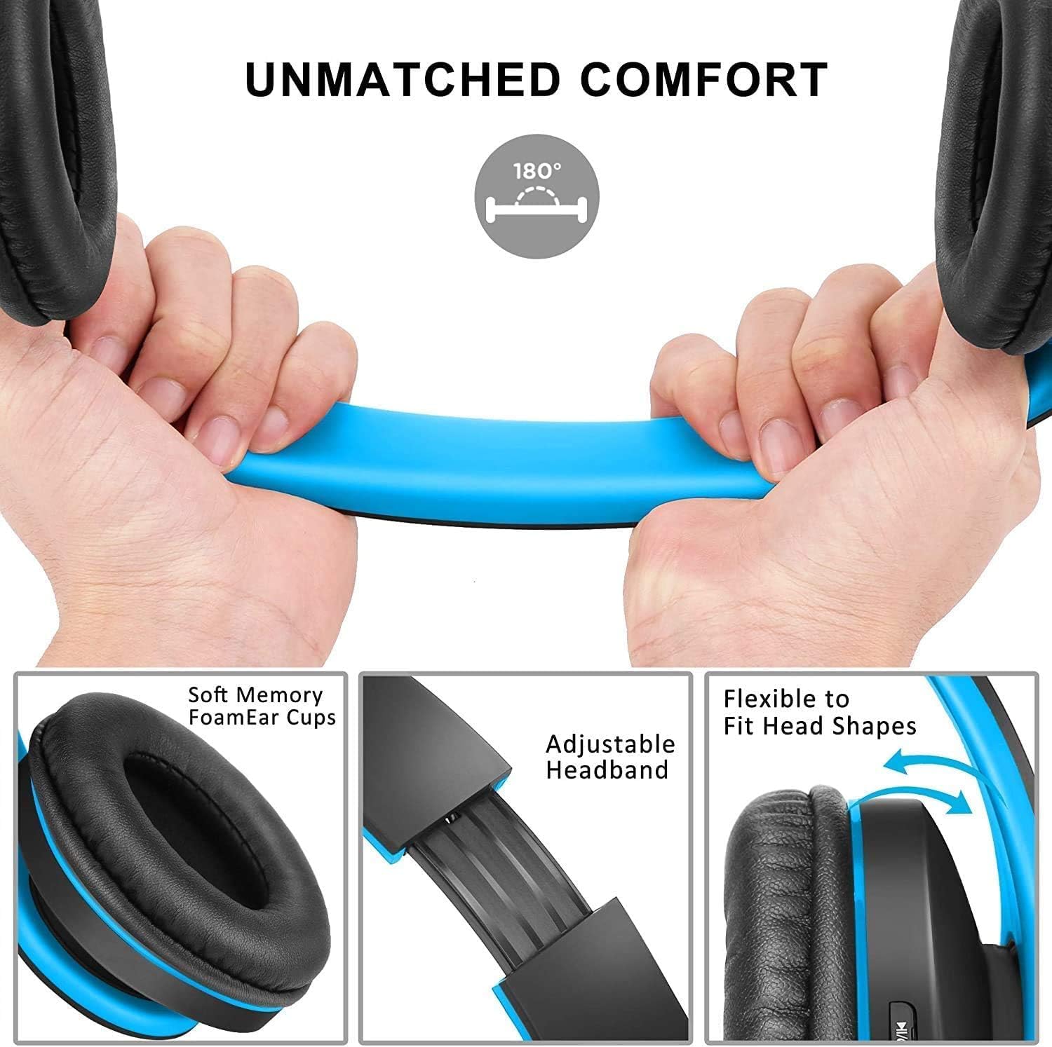 ZIHNIC Bluetooth Headphones Over-Ear, Foldable Wireless and Wired Stereo Headset Micro SD/TF, FM for Cell Phone,PC,Soft Earmuffs &Light Weight for Prolonged Wearing (Black/Blue) - Image 2