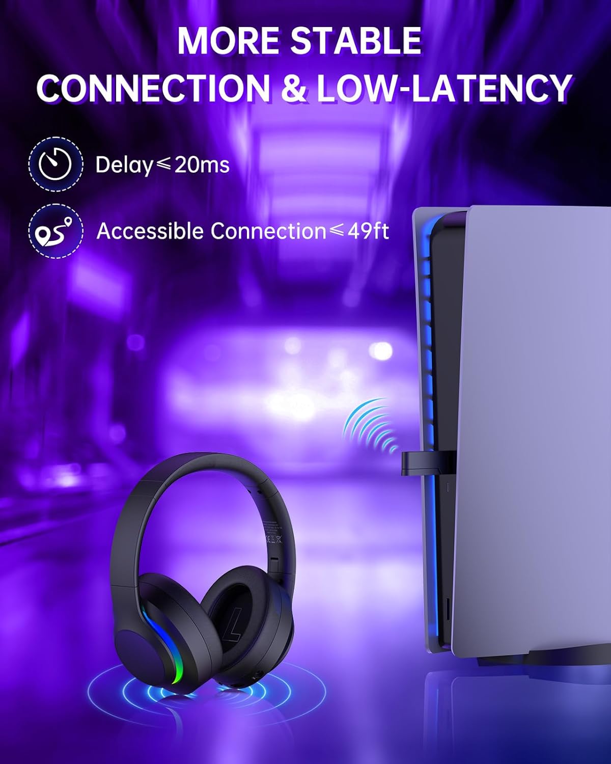 Wireless Gaming Headset for PS5, Foldable 2.4GHz Gaming Headphones for PS5, PS4, Switch, PC, Bluetooth 5.4 Gaming Headset with 45H Battery, Noise Canceling Mic, USB-C, RGB Lights - Black - Image 4