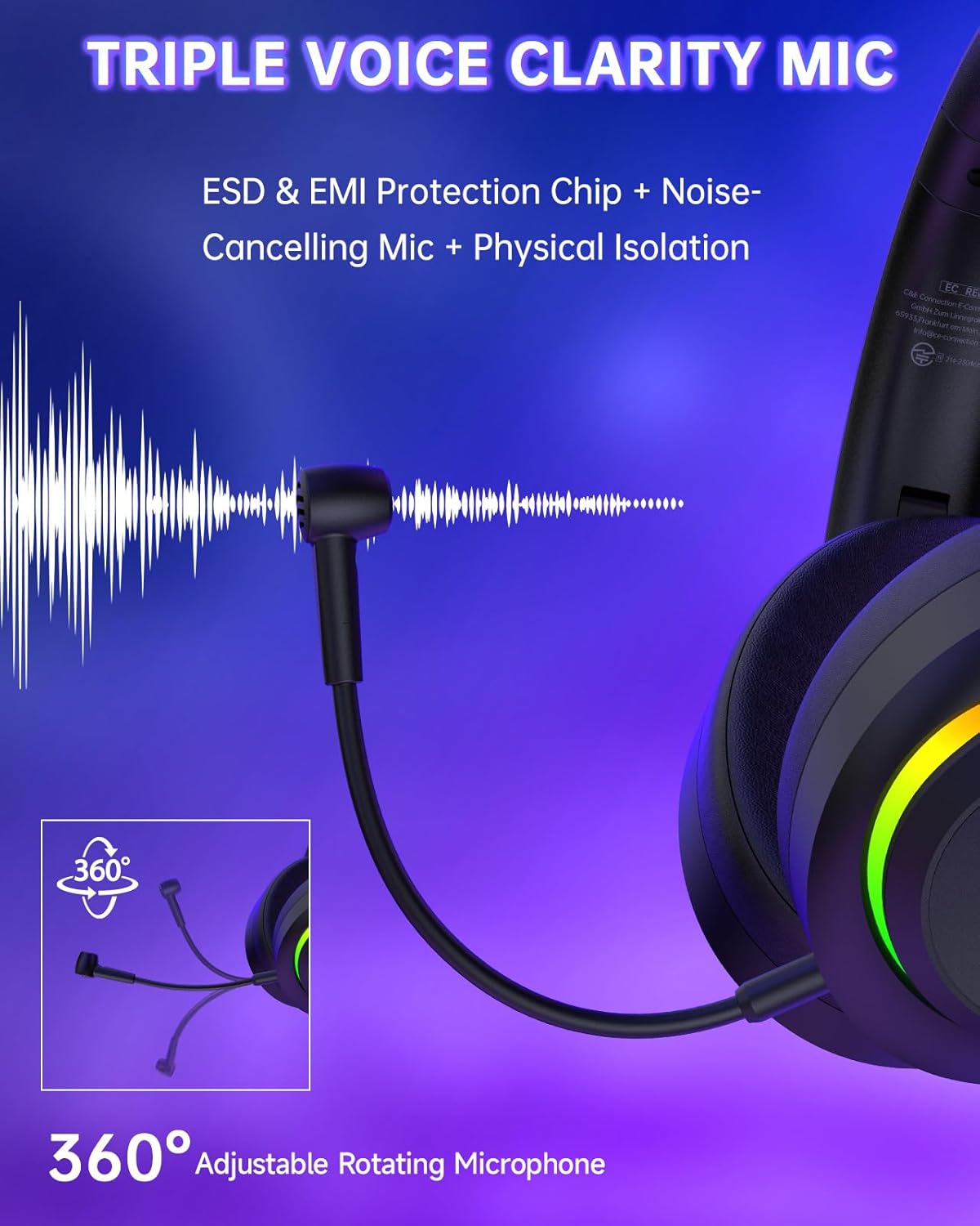 Wireless Gaming Headset for PS5, Foldable 2.4GHz Gaming Headphones for PS5, PS4, Switch, PC, Bluetooth 5.4 Gaming Headset with 45H Battery, Noise Canceling Mic, USB-C, RGB Lights - Black - Image 7