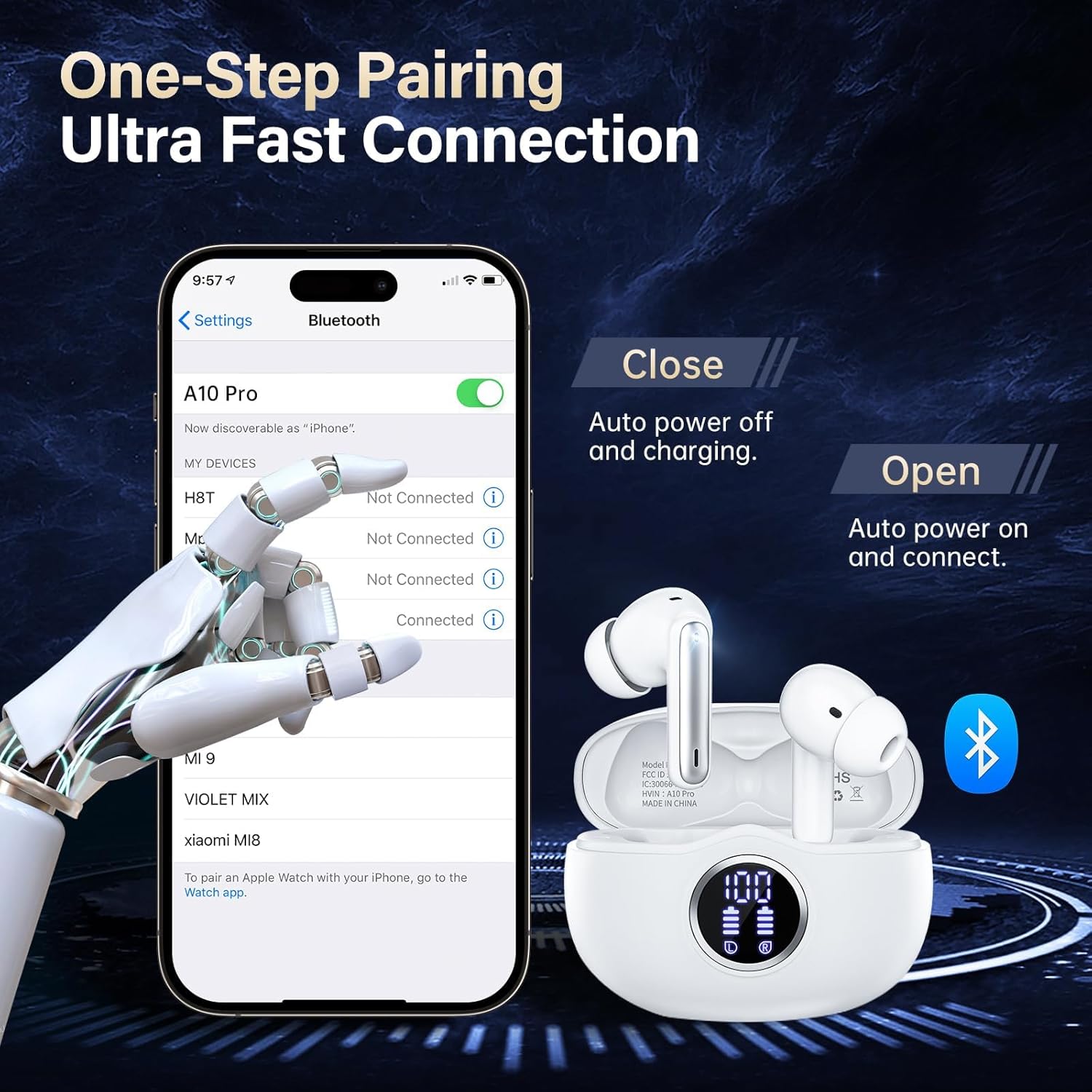 Wireless Earbuds, Bluetooth 5.3 Headphones HiFi Stereo 50H Playback LED Digital Display Ear Buds with ENC Noise Canceling Headset, IPX7 Waterproof Earphones for Gym/Running/Work (White) - Image 8