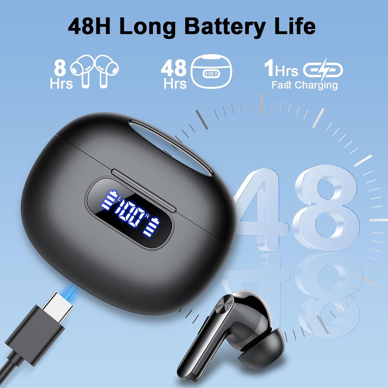 Wireless Earbuds, Bluetooth 5.3 Headphones LED Power Display, 2025 New Wireless Earphones, 4 ENC Noise Cancelling Mic, HiFi Stereo, 48H Playtime Mini Case IP7 Waterproof for Sport Walk - Image 5