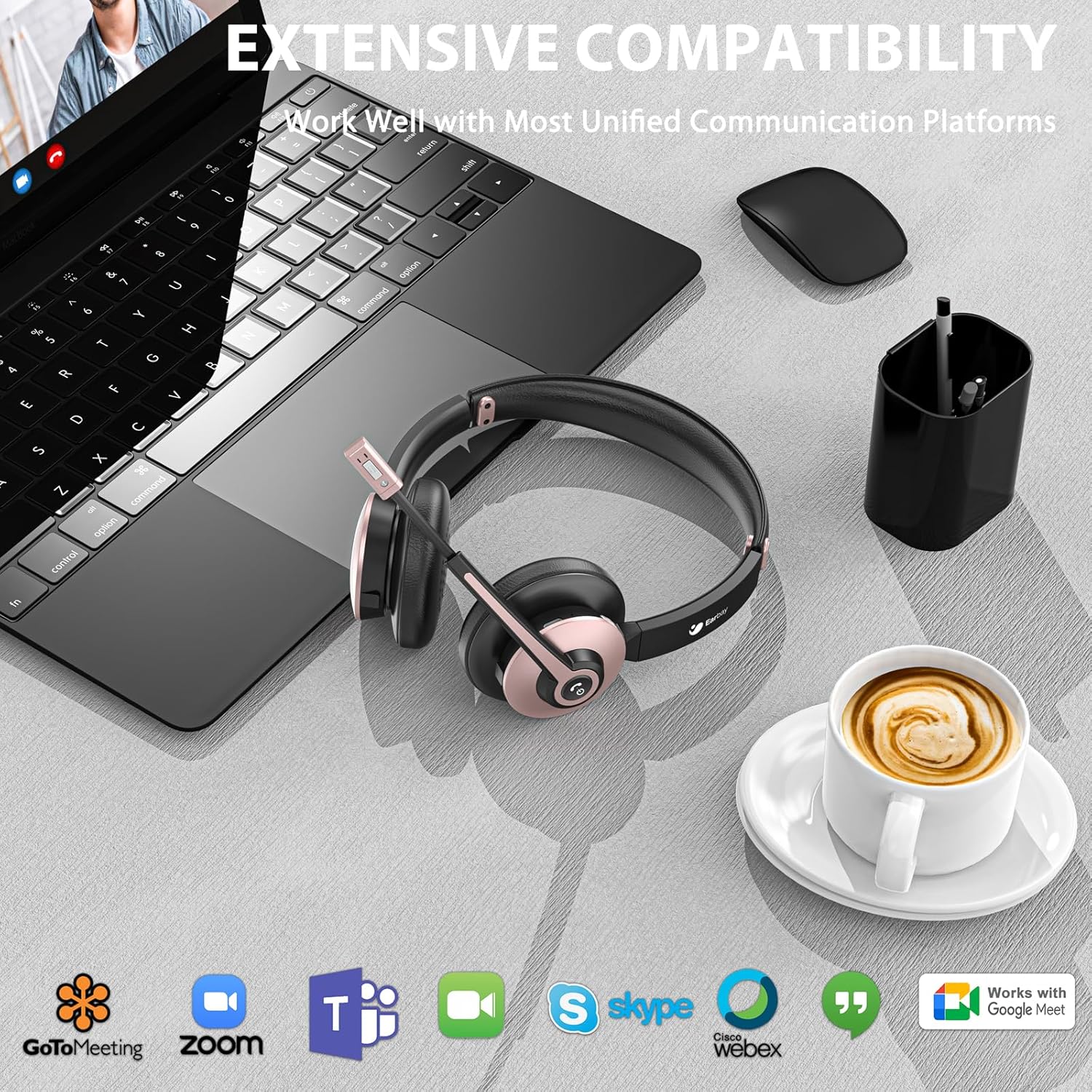 Wireless Headset with Mic for Work, Bluetooth Headphones with Microphone Noise Canceling & USB Dongle, Handsfree 26+ Hours Battery & Mute Button, for Office/Call Center/Laptop/MS Teams/Conference - Image 7