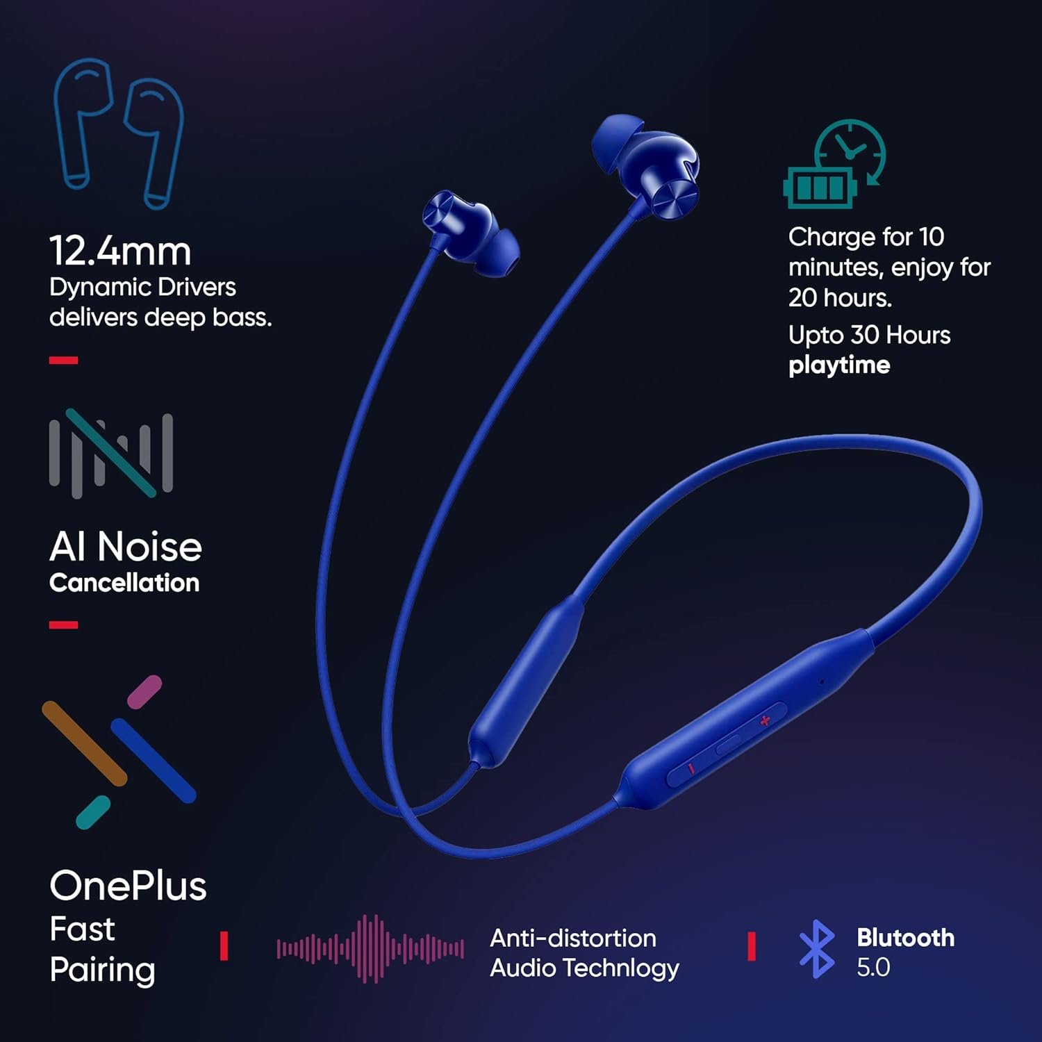 OnePlus Bullets Wireless Z2 Bluetooth 5.0 in Ear Earphones, Bombastic Bass – 12.4 mm Drivers, 30 Hrs Battery Life (Beam Blue) - Image 5